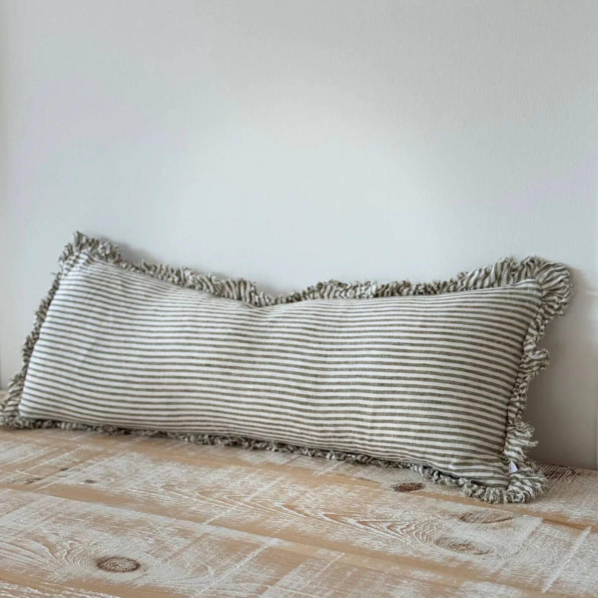 Hallie Bolster Linen Cushion – Olive Stripe 80x30