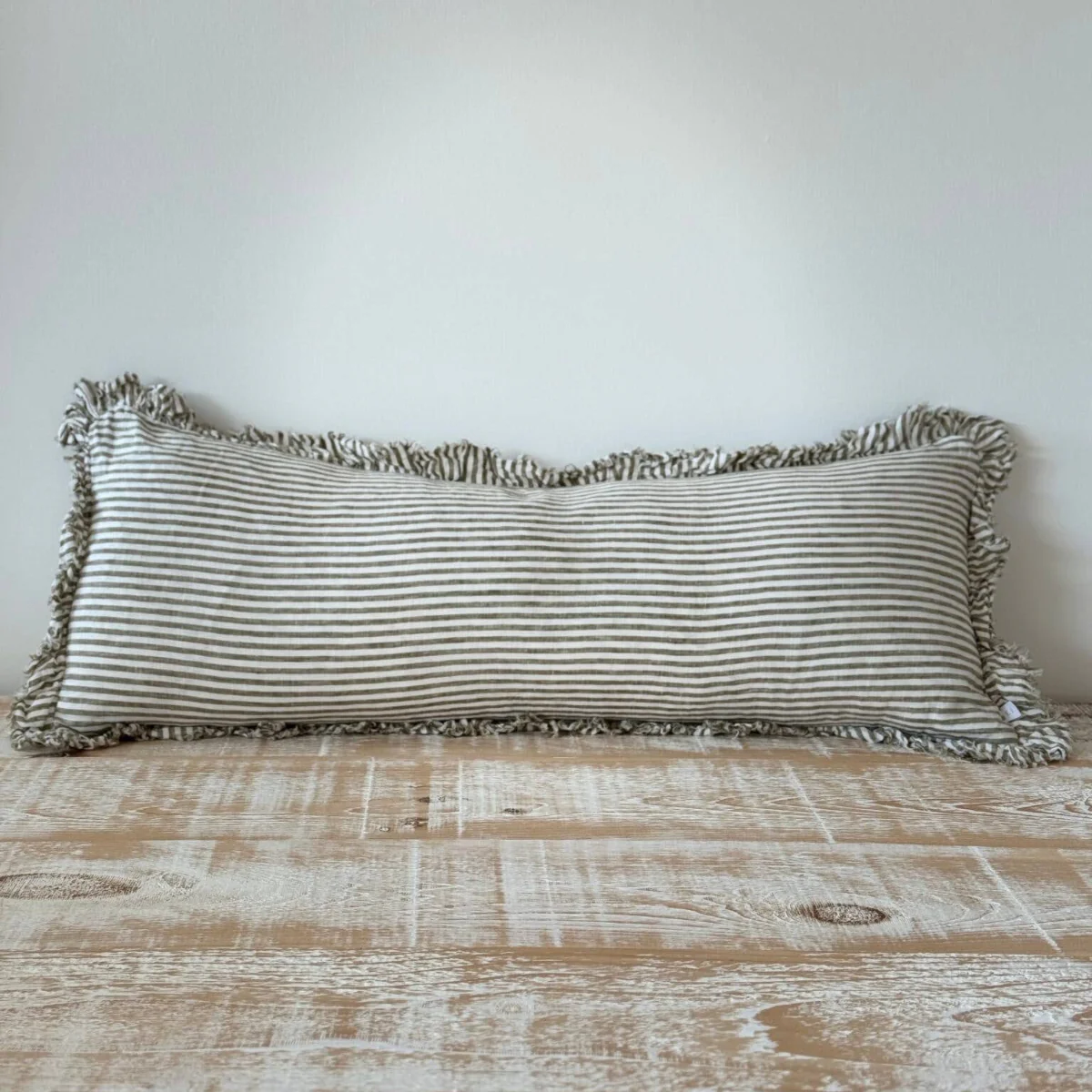 Hallie Bolster Linen Cushion – Olive Stripe 80x30 - Image 2