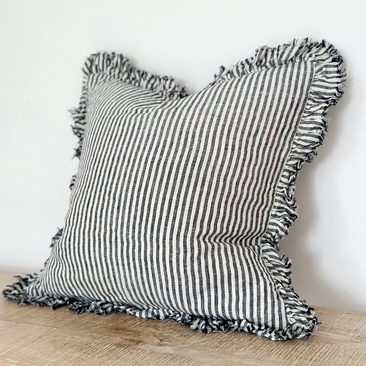 Hallie Ruffle Linen Cushion – Charcoal Stripe: 45 x 45 cm - Image 3