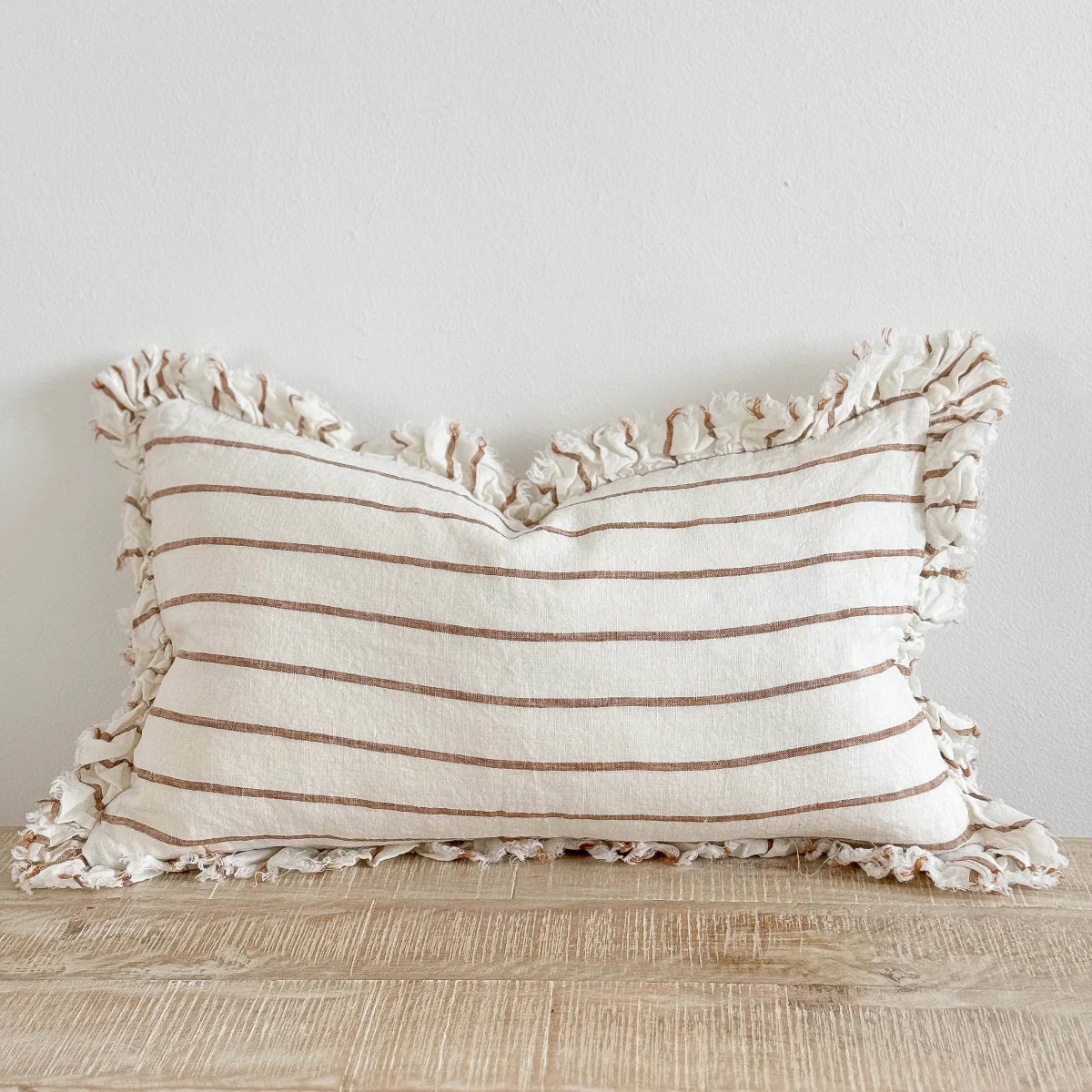 Hallie Ruffled Linen Cushion 50x30 – Brown & Cream Stripe