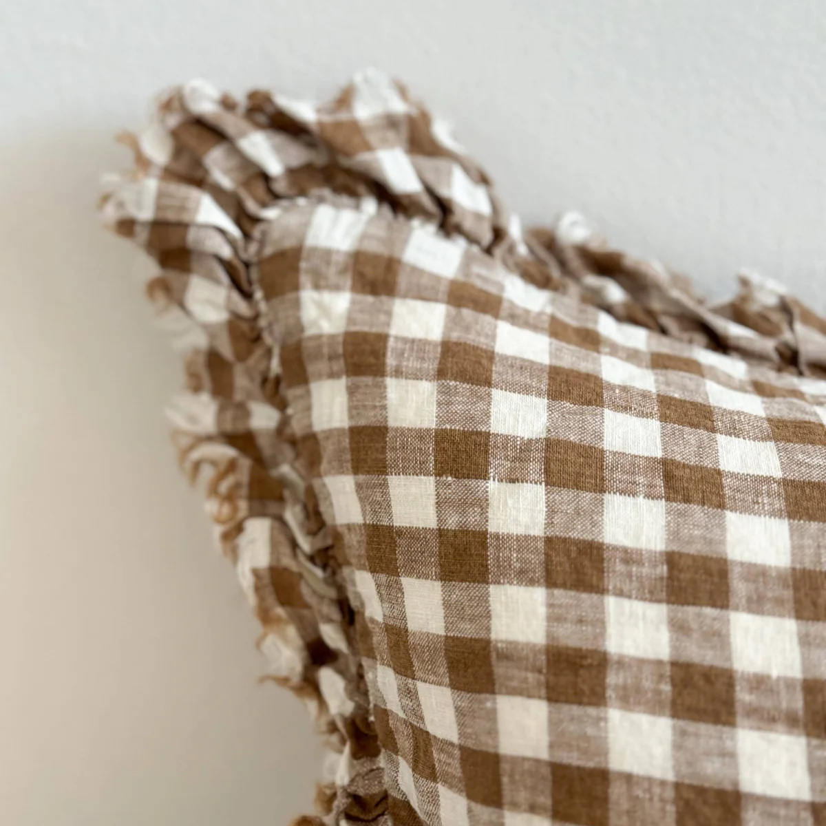 Hallie Ruffled Linen Cushion 50x30 – Brown Gingham - Image 2