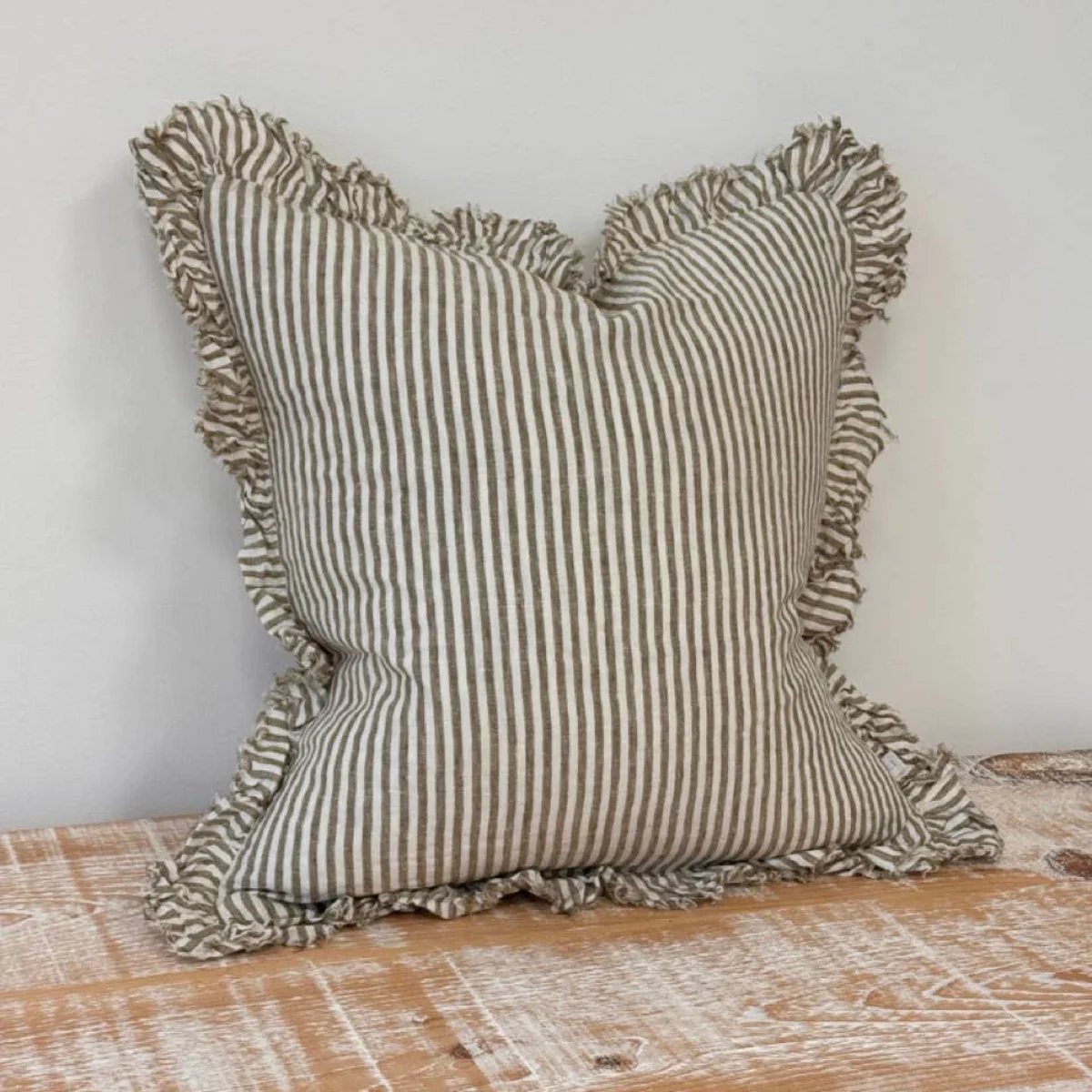 Hallie Ruffled Linen Cushion  – Olive Stripe: 53 x 53 cm - Image 4